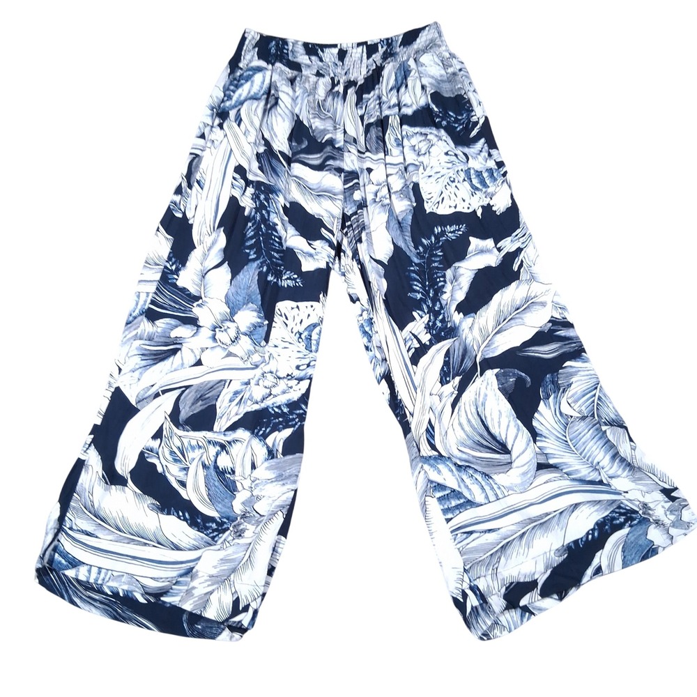 Grace The Perfect Fit Navy White Tropical Floral Wide Leg Smocked Pants Large